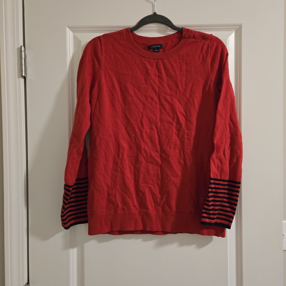 Nautica Red Crewneck Sweater with Striped Sleeves
